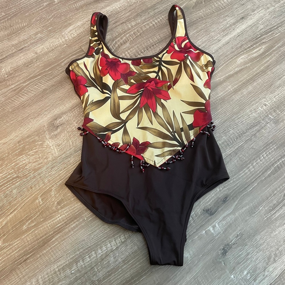Suit Yourself Womens One Piece Swimsuit 16 Brown Floral Tummy Thinner Beaded
